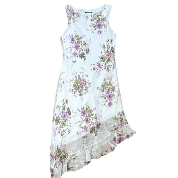 Vintage 90s Floral Dress White Lavender Wedding Guest Dress - Picture 1 of 5